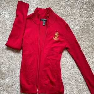 Monogrammed semi turtle neck zip up sweater